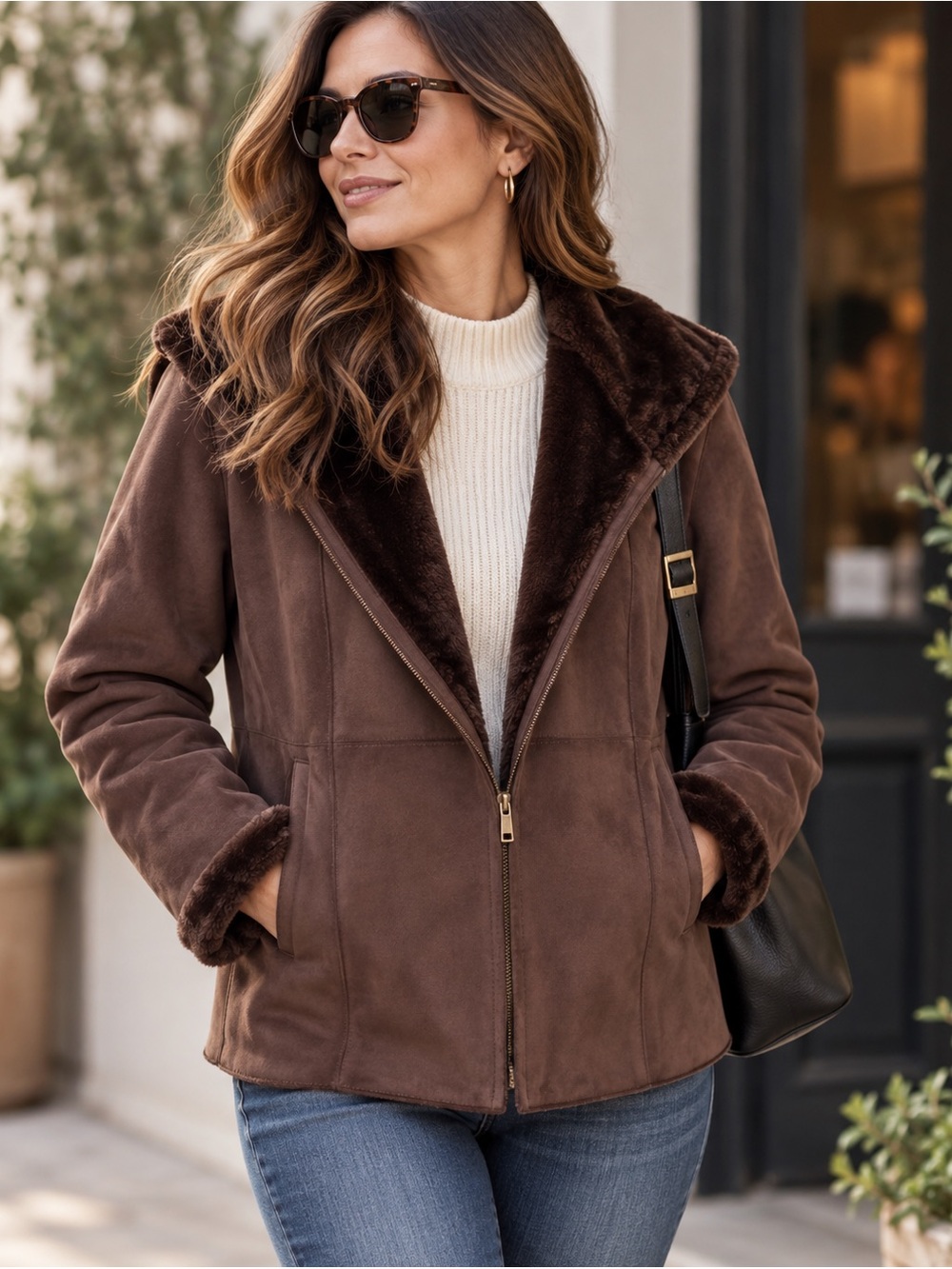 Coldwater Creek Brown Faux Suede Faux Fur Lined Moto Jacket • Size L / 14